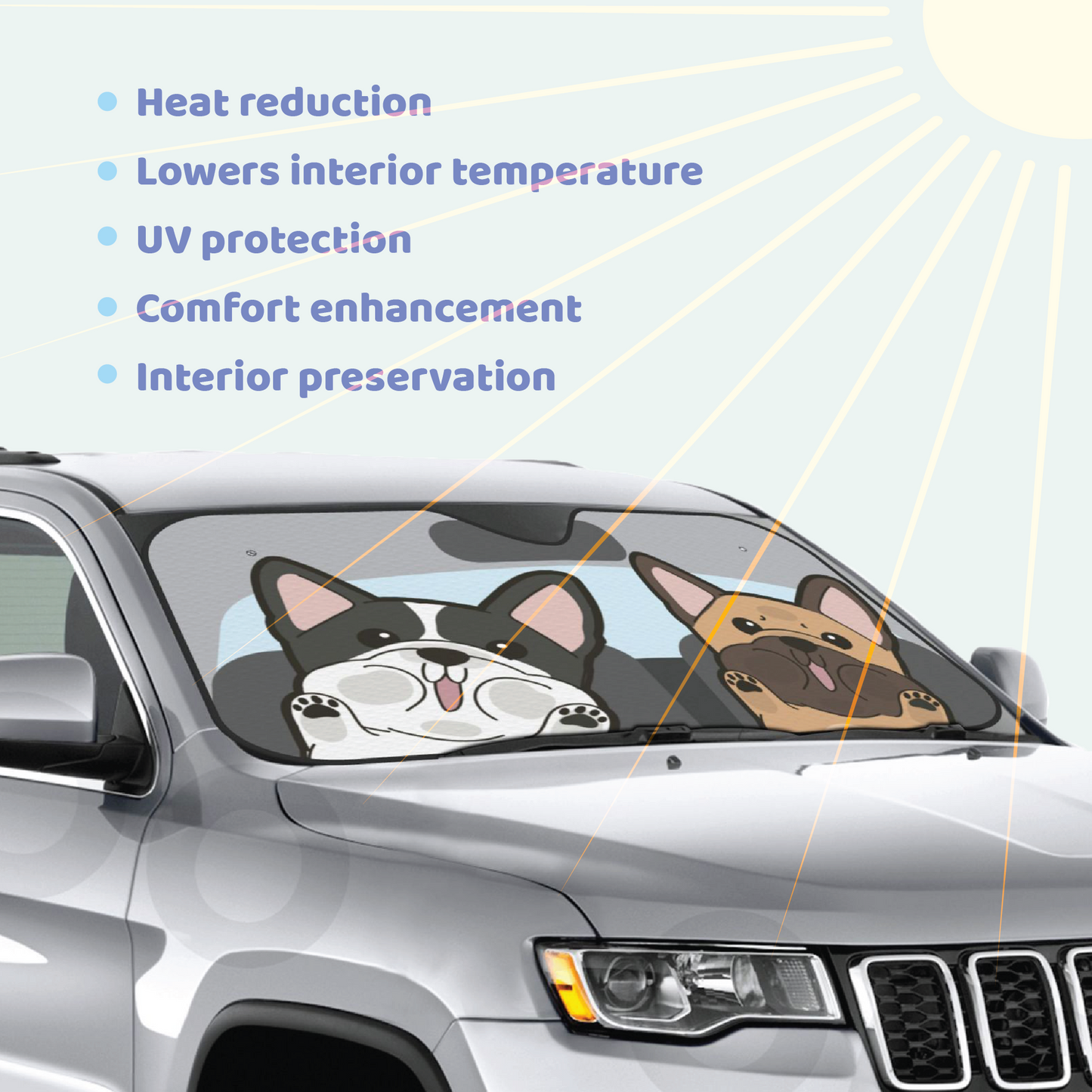 Frenchie Car Windshield Sun Shade, Cute Dog UV Protector, Pet Auto Sunshade - Pawsome Island