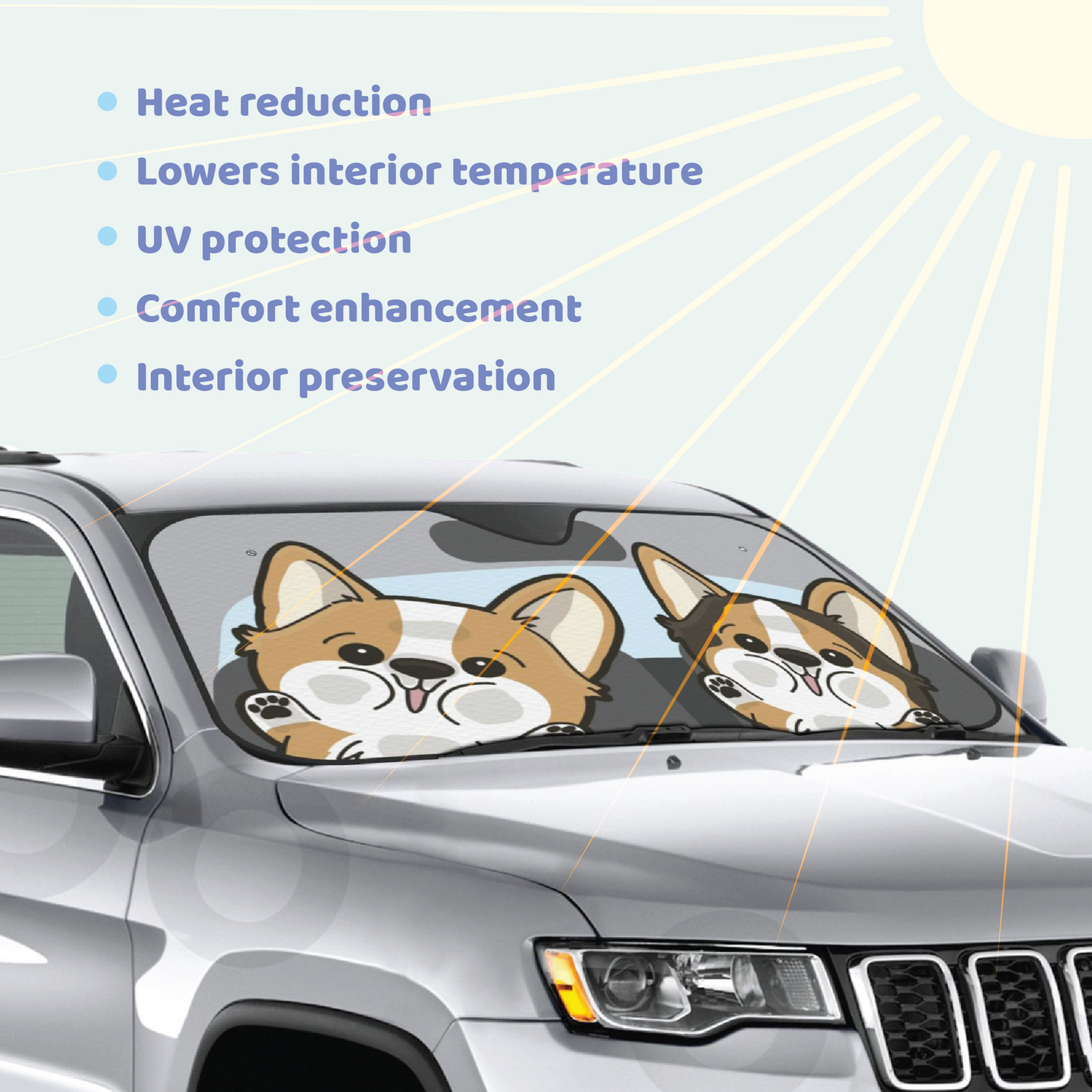 Corgi Car Windshield Sun Shade, Cute Dog UV Protector, Pet Auto Sunshade - Pawsome Island